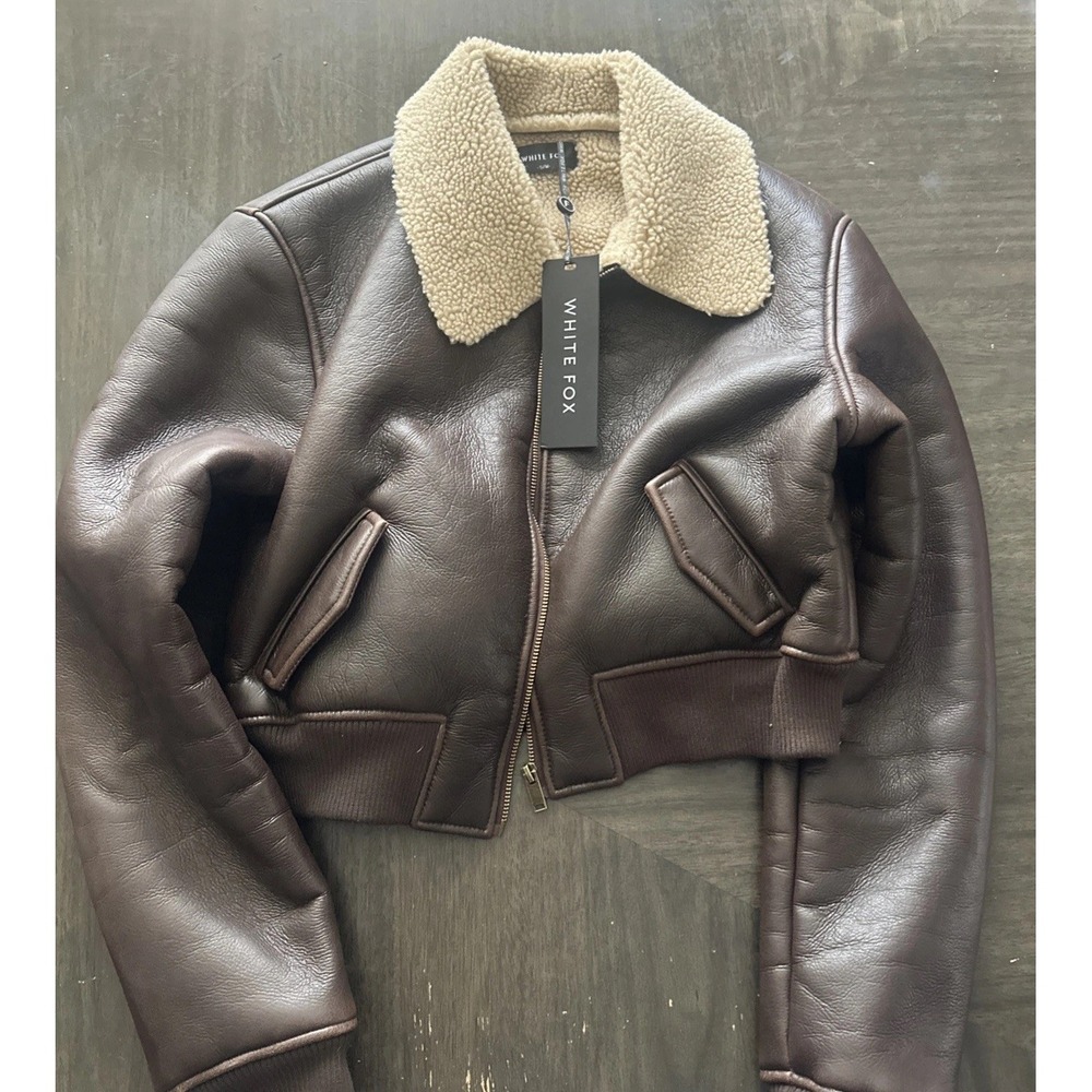 NWT White Fox Boutique brown leather aviator jacket Womens Size S/M